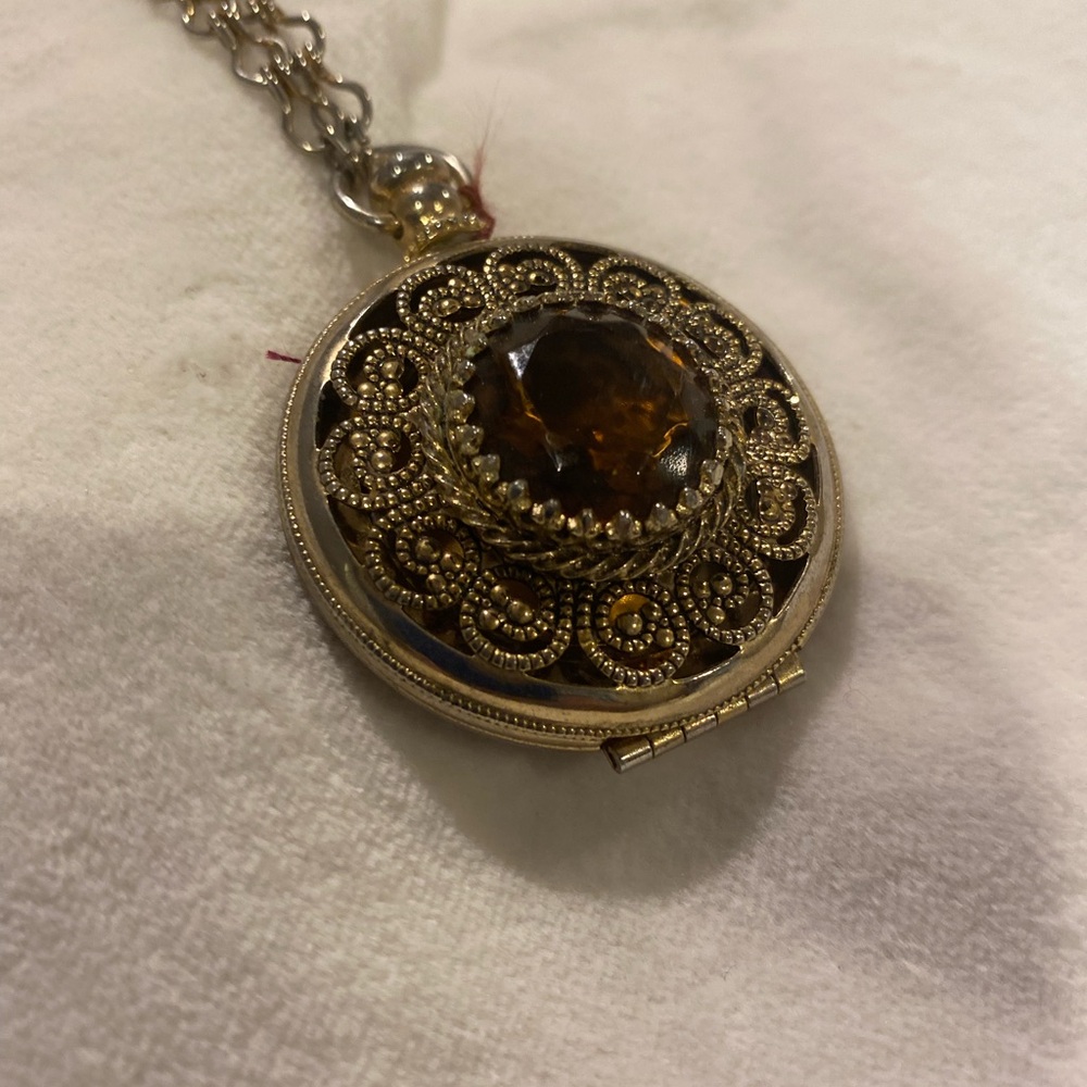 Vintage Avon Jeweled Smokey Quartz Locket
Pendant Necklace